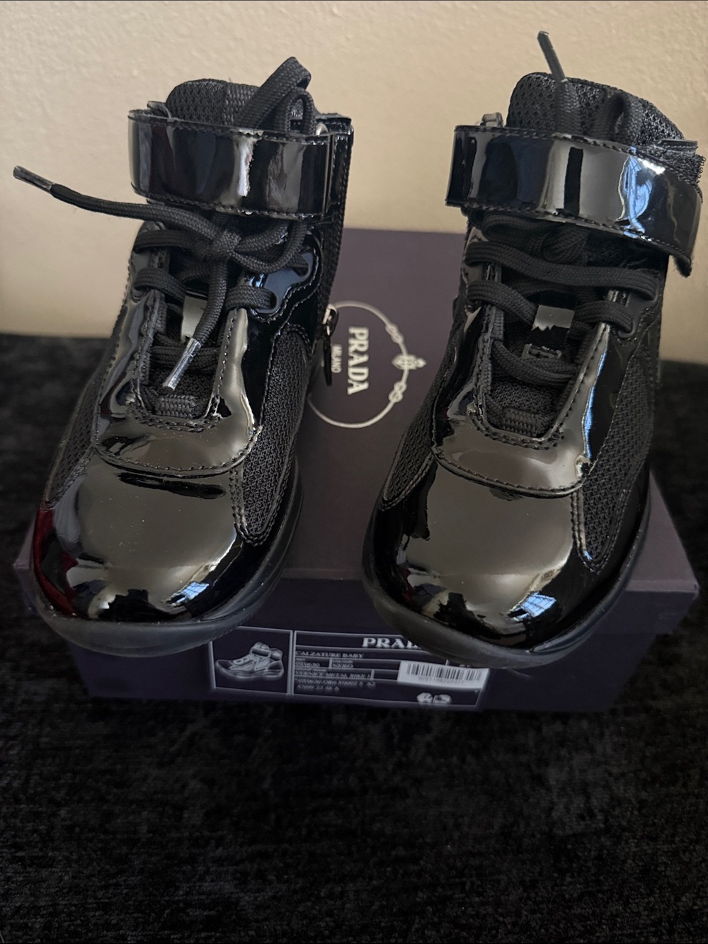 Prada Kids Black Patent High-Top Sneakers with Velcro Strap | EU 27 ~ Sz 10